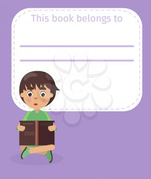 Place for book owner name and little boy sits in yoga pose and reads with surprised face vector illustration. Exercise book cover design