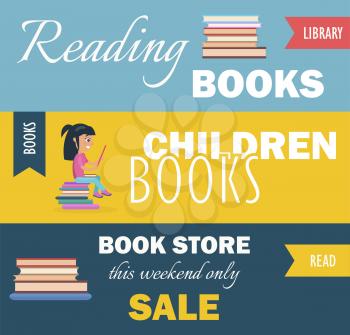 Library with reading children, books and bookstore, this weekend only sale vector illustration set of three horizontal banners.