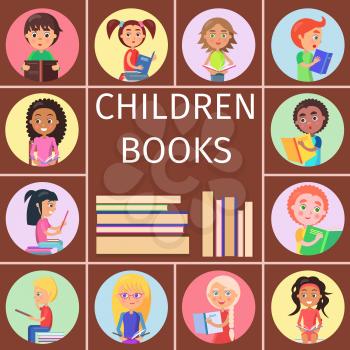 Children books, pile of literature for reading kids icons holding textbook in hard color cover vector illustration on brown background