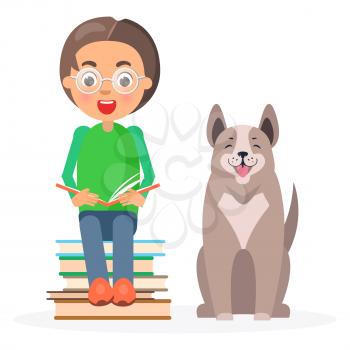 Child in glasses sitting on pile of literature with siberian husky and holds open book vector illustration on white background.