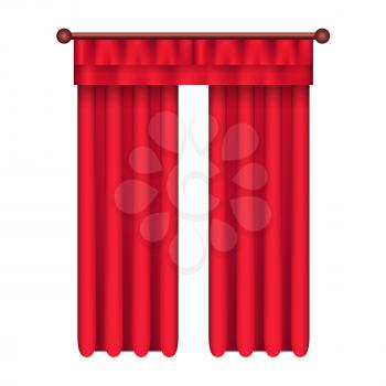 Heavy straight drapes of red fabric with lambrequin vector isolated on white background. Classic curtains in victorian style on cornice illustration for window dressing and interior design concepts