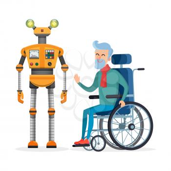 Yellow robot with springs on arms and legs helps disabled person on wheelchair vector illustration isolated on white background.