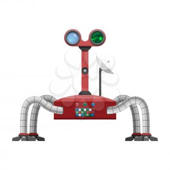 Robot-spider with blue lense, long distance radar, colorful buttons panel and powerful satellite isolated vector illustration on white background.