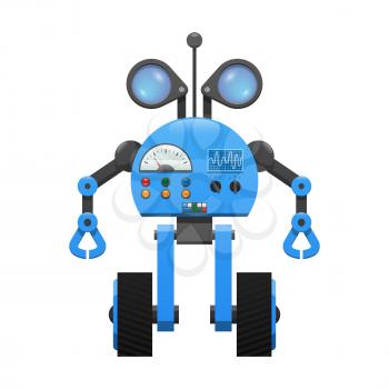 Robot on wheels, spy lenses and control panel with colorful buttons and visual indicators isolated vector illustration on white background.