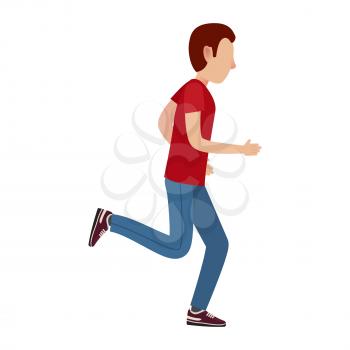 Adult cartoon male character in red T-shirt, sports trousers and sneakers runs away isolated vector illustration on white background.