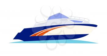 Blue with orange pattern speed motorboat on blue sea water on white background vector illustration. Black outboard motor is installed on the rear. Hull is high and white, starboard is shown