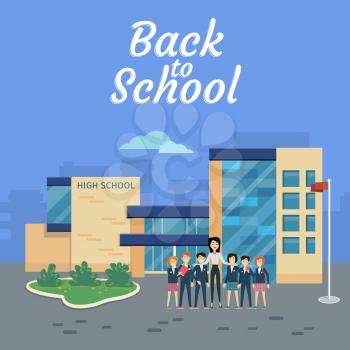 Back to school banner. Teacher with pupils on school yard. Young teacher with pupils. Education. World Book Day. Awareness professor with appreciated students. Education concept. Vector illustration.