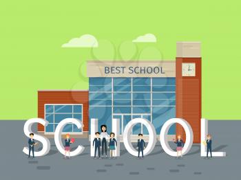 Best school concept. Modern school building with happy pupils and teacher on school yard flat vector illustrations. Children s education. Learning favorite school subjects. For private school web page