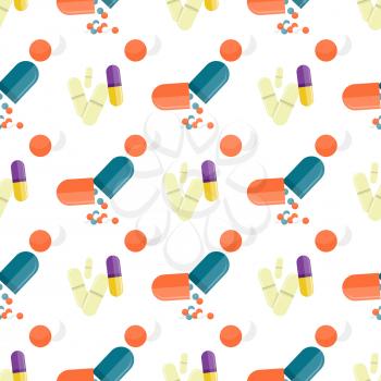 Seamless pattern with medical drugs, colorful pills, capsules and tablets. Wallpaper design with treatment elements, healthcare concept