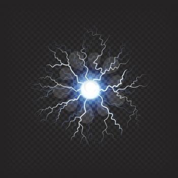 Blinding spot with blue glowing and lightnings realistic light effect on transparent background. Charged ball lightning vector illustration for science or magic concept