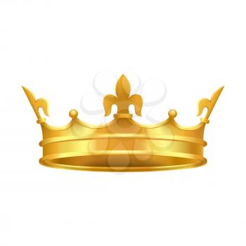 Golden crown close-up isolated on white. King greatness subject decorated with luxury ornaments vector illustration in flat style