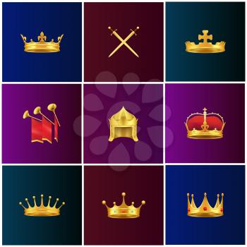 Gold crowns in form of helmet, with gems and peaks, crossed swords and chimneys with red cloth vector illustrations on background of royal colors.