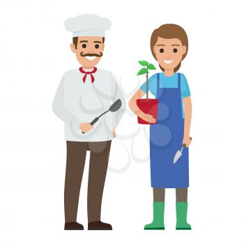 Chef in uniform and young gardener in protective apron vector illustration. Cook holds dark kitchen spoon, grower with plant and garden shovel.