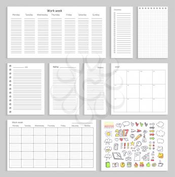 Sheets with empty schedule, notes, charts and colorful sketches of small graphics, weather symbols, shapes and funny drawings vector illustrations.