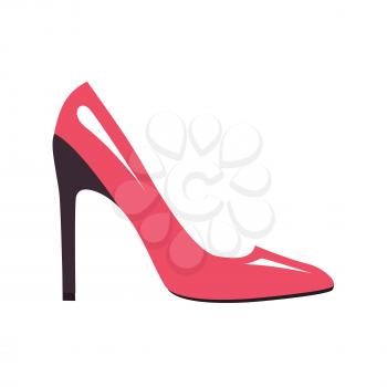 Stylish pink glossy stiletto shoe isolated on white background. Fashionable women footgear for chic look. Luxurious leather footwear vector illustration. Elegant stilettos for glamorous outfit.