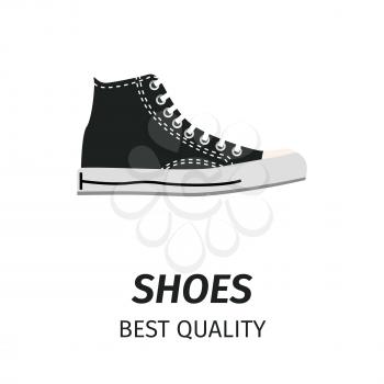 Best quality black shoes with white stitching, shoelaces and sole isolated on white background with sign. Comfortable footwear for modern casual look. Trendy unisex footwear vector illustration.