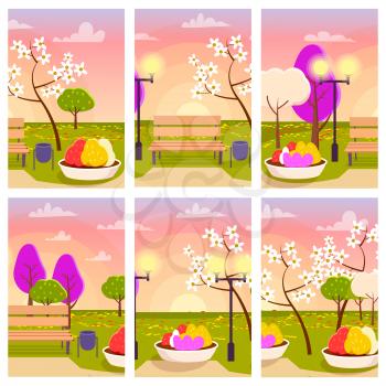 Empty spring park with blooming trees, flower beds, wooden bench and bright streetlight at sunset with pink sky vector illustration.