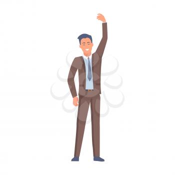 Man in official brown suit holding hand above head vector illustration in flat style design. Smiling male in startup concept