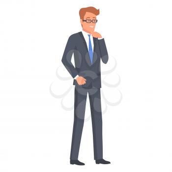 Man in official style suit holding hand on chin vector illustration in flat style design. Nonverbal body language, thoughtful person