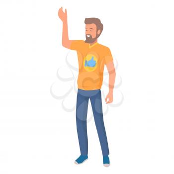Man with beard in casual cloth, gestures by hand vector illustration in flat style design. Emotional nonverbal body language clue sign