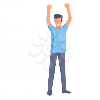 Man in t-shirt and trousers holds two hands up vector illustration in flat style design. Emotional nonverbal body language clue sign of win