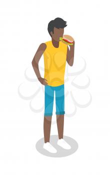 Brunette man in shorts and t-short eating hamburger isometric projection vector isolated on white. Faceless male figure standing with fast food burger in hand 3d illustration for icons or web design