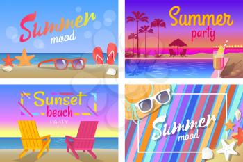Summer beach party with good mood bright posters. Spectacular seaside, wooden recliners, modern sunglasses and tasty cocktail vector illustrations.