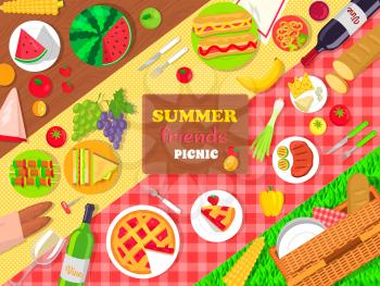 Summer friends picnic poster with delicious food. Hot cherry pie, tasty sandwiches, roasted meet, fresh hot dogs and juicy fruits vector illustration.