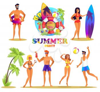 Summer Party isolated vector illustrations set. Women in bikini and men in swim trunks, tropical palms, colorful surfboards and life buoys.