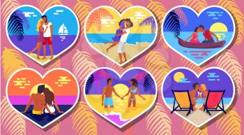 Summer romance in six heart-shaped photographs vector poster with couple in love spending holidays together on beach, in water, in boat