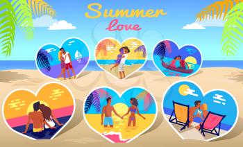 Couple in love spending summer vacations together at seaside photographs in heart shape on beach background vector colorful poster