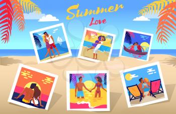 Summer love photos set of couples on dates at beach during vacation and colorful palms, white sand and blue ocean as background vector illustration.
