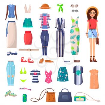 Modern girl with outfits set. Light dress, ripped jeans, chick costumes, bright swimsuits, convenient bags and stylish T-shirts vector illustrations.