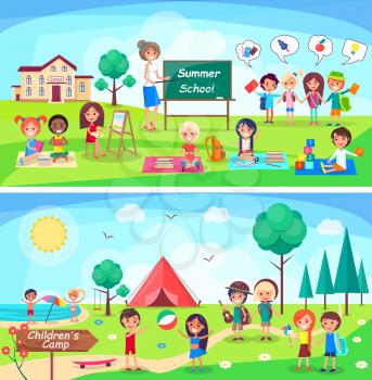 Summer school and childrens camp vector illustrations. Little cartoon kids play and study outdoors on nature on sunny weather.