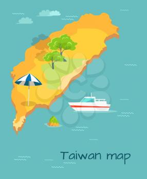 Taiwan map cartography design. Chinese land with sun umbrella, cruise liner ship in Pacific ocean. Vector illustration of small green island, trees and endless water, travel concept in cartoon style