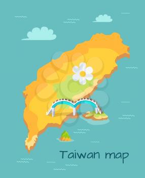 Taiwan Map with big white camomile and New Moon Bridge that connects two islands. Chinese island in Pacific Ocean vector illustration. Famous place with amazing unusual architectual construction.