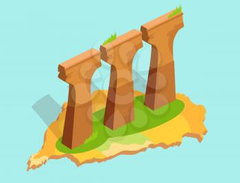 Three stone or concrete supports, green grass in Taiwan flat and shadow theme on blue background. Vector illustration of Formosa architecture green island. Flat design cartoon style for web.