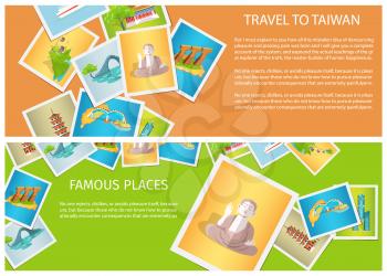 Travel to Taiwan around famous places of attraction brochure vector illustration. Historical sights and Chinese architecture.