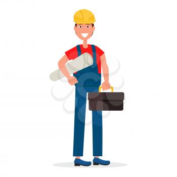 Builder in yellow hardhat, blue overalls, red T-shirt with scheme rolled in tube and big toolbox isolated on white background vector illustration.