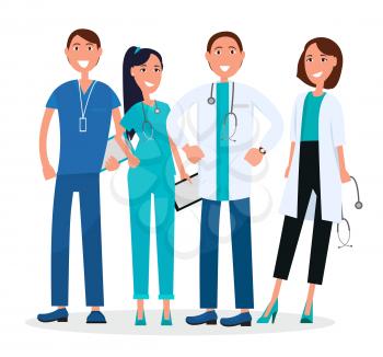 Medical workers standing and smiling isolated on white. Vector illustration of healthcare people with stethoscopes, qualified doctors