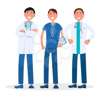 Men team of therapists vector illustration of healthcare people with stethoscopes, tablets and name badge. Physicians dressed in uniform or white gown