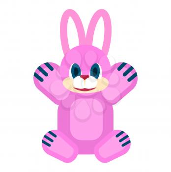 Pink friendly rabbit with blue eyes and red nose soft toy for little children isolated vector illustration on white background.