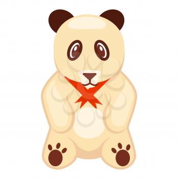 Soft adorable toy panda bear with sad cute eyes and red ribbon on neck isolated vector illustration on white background.