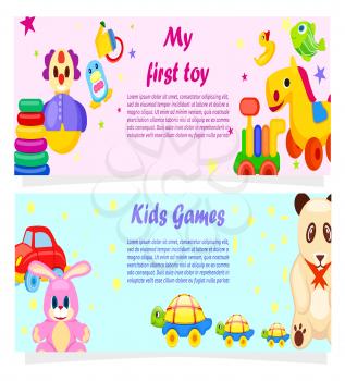 My First Toy and Kids Games posters with soft and plastic toys, funny animals, vehicle and text vector illustrations on background with pattern.