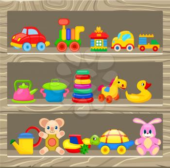 Small cars, soft and plastic toys, constructors, rubber duck, artificial cookware and yellow watering can vector illustrations.