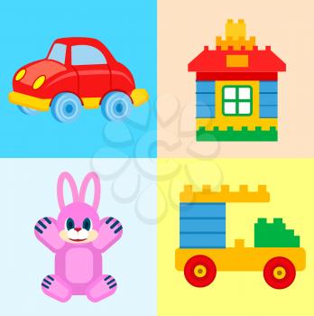 Red car, colorful house and vehicle constructors and friendly pink soft rabbit in colored squares vector illustrations set.