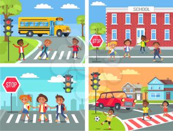 Schoolchildren cross road on pedestrian crossing in downtown, near school building, at calm neighbourhood and at common city road vector illustration.