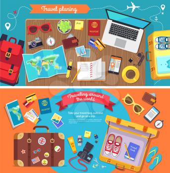 Travel planning poster with icons necessary for good holidays vector illustration. Accessories for voyage, computer luggage and personal things