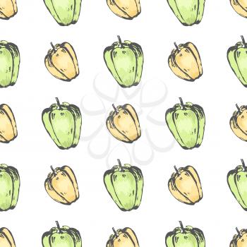 Yellow and green pepper on white seamless pattern. Vector illustration of endless texture with colorful drawn graphic juicy vegetables.