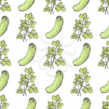 Ripe Cucumber and leafy parsley formed in endless texture. Healthy vegetable and herb vector illustrations seamless pattern.